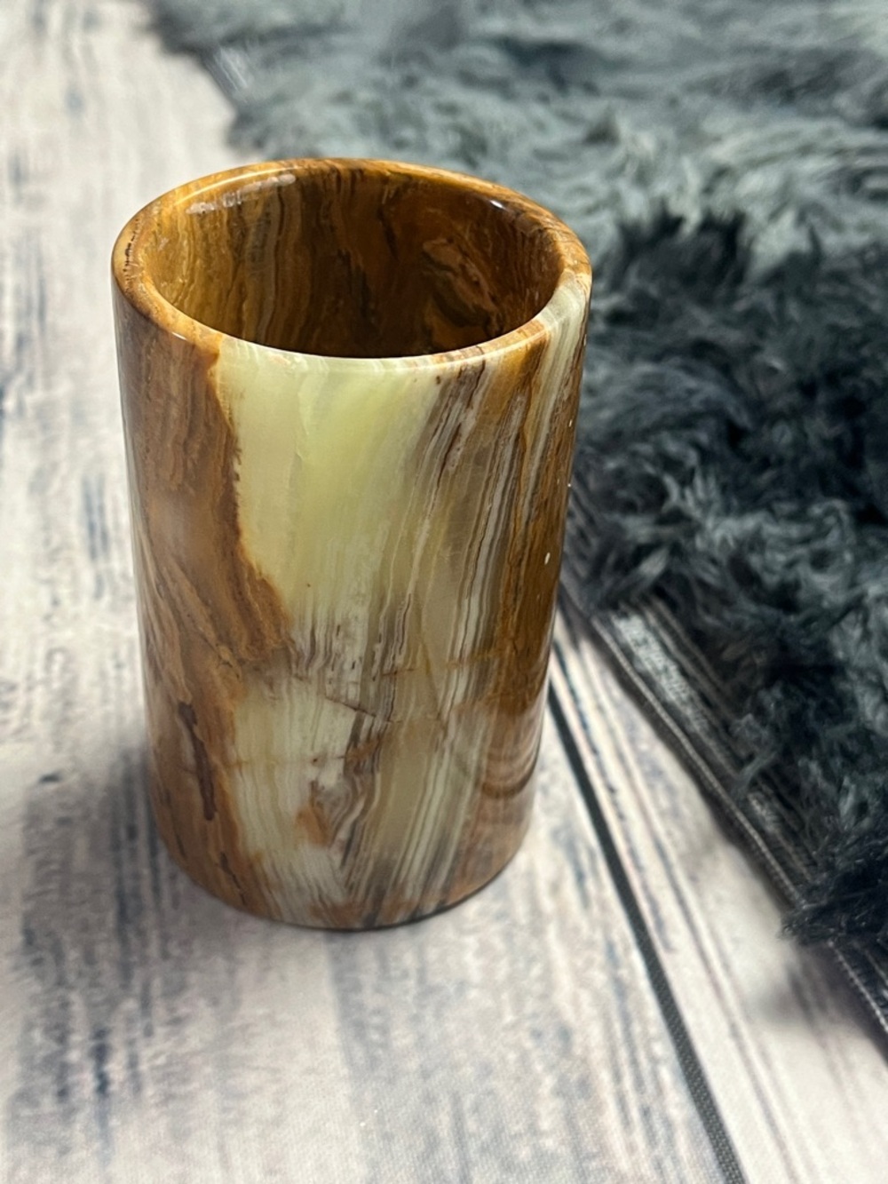 Vintage Brown with Green Onyx Cylinder Vase